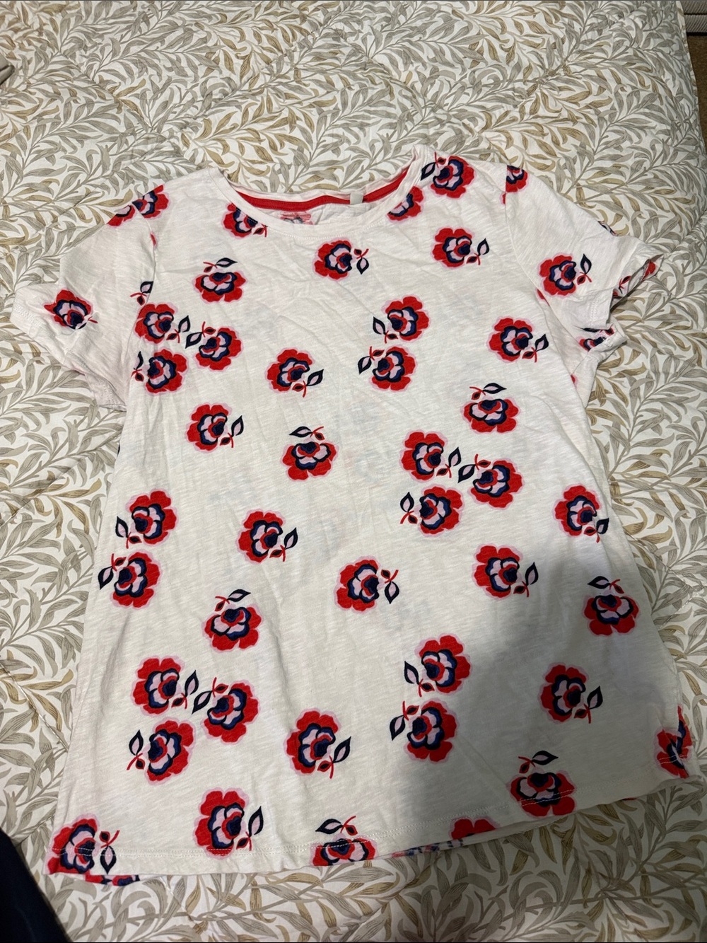 Boden White Short-Sleeve Tee with Red & Navy Floral Print